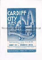 MANCHESTER UNITED Programme for the away League match v Cardiff City 26/2/1955, vertical crease,