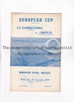 LINFIELD V I.F. KAMRATERNA 1959 Programme with blue print on the cover for the European Cup tie at