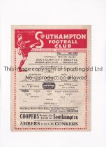 ARSENAL Single sheet programme for the away FL South match v Southampton 13/4/1946, slightly