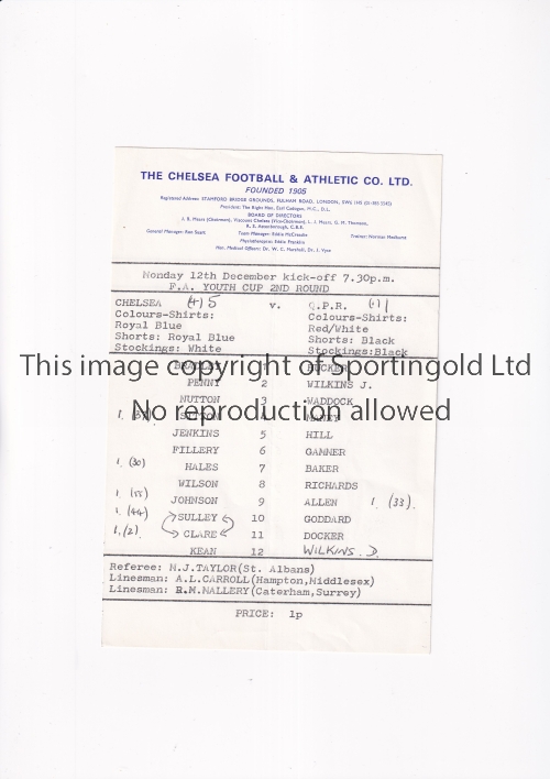 CHELSEA Single sheet programme for the home FA Youth Cup tie v QPR 12/12/1977, team changes and - Image 3 of 4