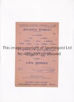 DULWICH HAMLET V CIVIL SERVICE 1946 Single sheet programme for the Friendly at Dulwich 2/2/1946,