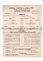 ARSENAL Single sheet programme for the home Football Combination League match v Millwall 1/9/1948,