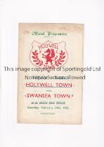HOLYWELL TOWN V SWANSEA 1962 WELSH CUP Programme for the tie at the Hanklyn Road Ground on 24/2/