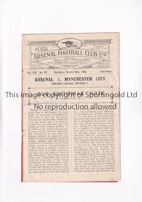 ARSENAL Programme for the home League match v Manchester City 20/3/1926, slightly creased and scores - Image 4 of 4