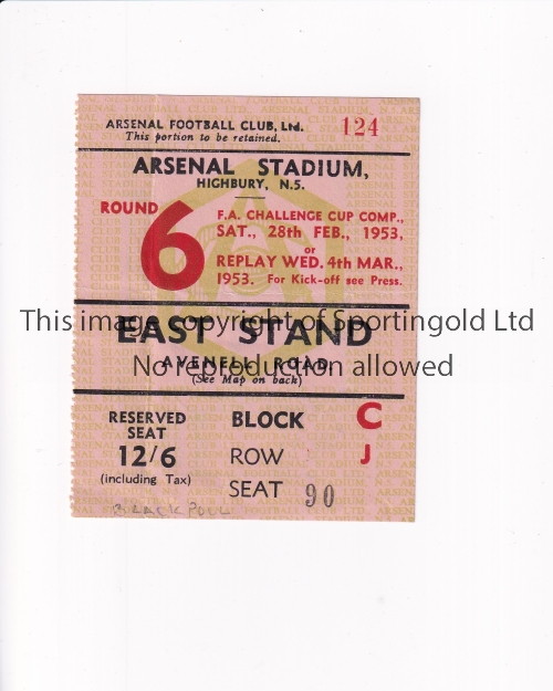 ARSENAL Ticket for the home FA Cup tie v Blackpool 28/2/1953 in Blackpool's successful Cup season, - Image 2 of 4