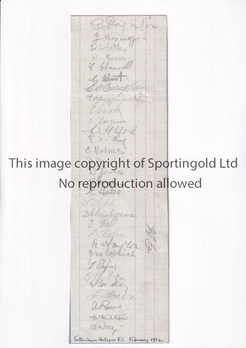TOTTENHAM HOTSPUR 1934 AUTOGRAPHS A lined sheet from February 1934 mounted on card with 31