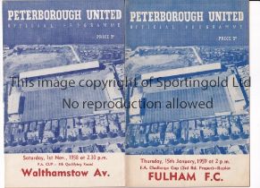 PETERBOROUGH UNITED Two home programmes for FA Cup ties v Fulham 15/1/1959, vertical crease and
