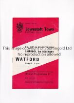 LOWESTOFT TOWN V WATFORD FA CUP 1967 Programme for the FA Cup tie at Lowestoft Town 9/12/1967.