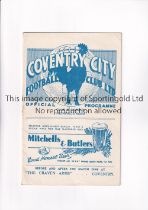 COVENTRY CITY V TRANMERE ROVERS 1939 Programme for the League match at Coventry 22/4/39. Good