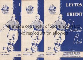 LEYTON ORIENT Three home programmes for the League matches v Reading 26/8/1950, folded in four, team