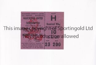 MANCHESTER UNITED Ticket for the home League match v Southampton 19/10/1968, vertical crease,