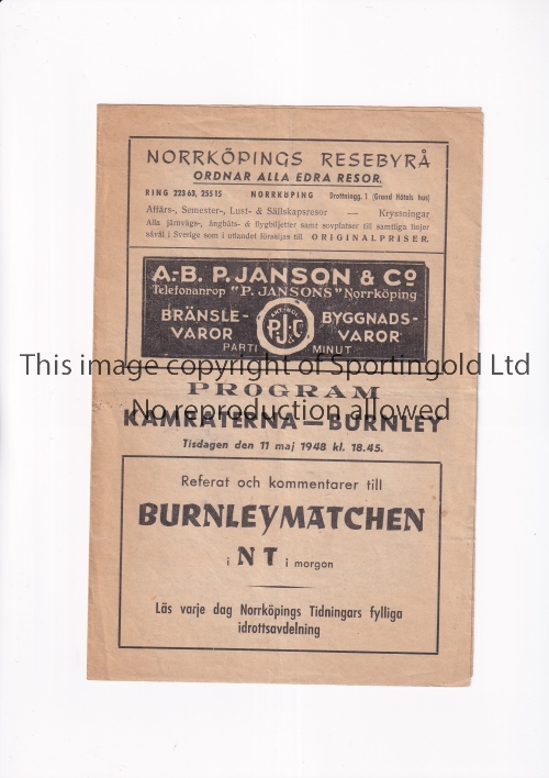 BURNLEY Programme for the away Friendly v Kamraterna 11/5/1948 in Sweden, slightly creased. - Image 2 of 4