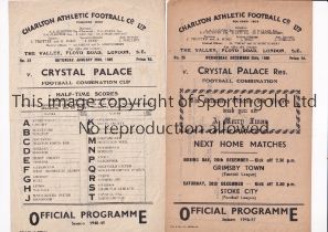 CHARLTON ATHLETIC V CRYSTAL PALACE Two single sheet programmes for Football Combination matches at