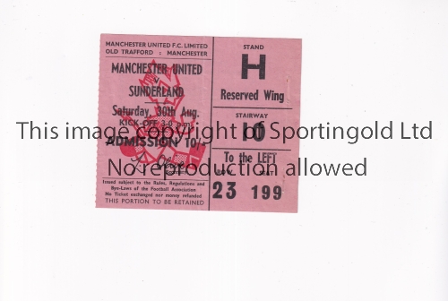 MANCHESTER UNITED Ticket for the home League match v Sunderland 30/8/1969, vertical crease, holes - Image 2 of 4