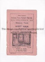 SWANSEA TOWN V WEST HAM 1946 Programme for the League match at Swansea 26/10/1946, horizontal