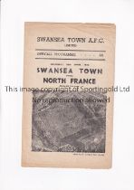 SWANSEA TOWN V NORTH FRANCE 1956 Programme for the Friendly match at Swansea 26/4/1956, horizontal