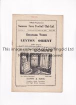 SWANSEA TOWN V LEYTON ORIENT 1948 Programme for the League match at Swansea 9/9/1948, writing in pen