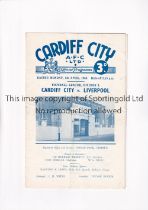 CARDIFF CITY V LIVERPOOL 1953 Programme for the League match at Cardiff 6/4/1953, slightly folded in