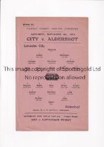 LEICESTER CITY V ALDERSHOT 1948 Single sheet programme for the Football Combination match at