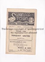 SWANSEA TOWN V TORQUAY UNITED 1949 Programme for the League match at Swansea 19/2/1949, horizontal
