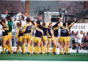 LEEDS UNITED AUTOGRAPHS 1981 Autographed 12 x 8 colour photo of players saluting fans at the Vetch