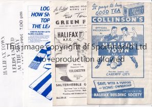 HALIFAX TOWN Six programmes; homes v Cardiff City 10/1/53 FA Cup, Colchester 13/12/58, Scunthorpe