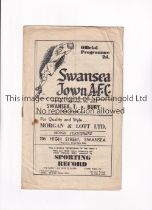 SWANSEA TOWN V BURY 1949 Programme for the League match at Swansea 3/12/1949, horizontal creases,