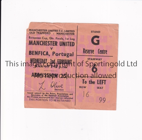MANCHESTER UNITED Ticket for the home European Cup Quarter Final tie v Benfica, Portugal 2/2/1966, - Image 4 of 4