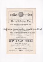 YORK CITY V ROTHERHAM UNITED 1936 Programme FOR THE League match at York 17/10/36, including the