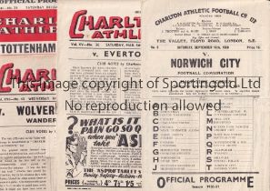 CHARLTON ATHLETIC Eight home programmes v Everton 6/3/48, v Wolves 13/4/49, v Spurs 31/12/55, v