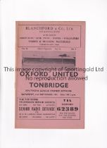 OXFORD UNITED V TONBRIDGE 1961 Programme for the Southern League match at Headington 2/9/1961.