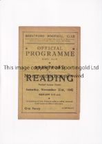 BRENTFORD V READING 1942 Programme for the FL South match at Brentford 21/11/1942, slight horizontal