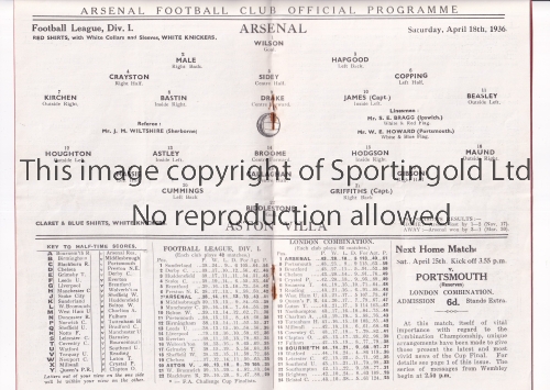 ARSENAL / EAST STAND HIGHBURY Programme for the home league match v Aston Villa 18/4/1936