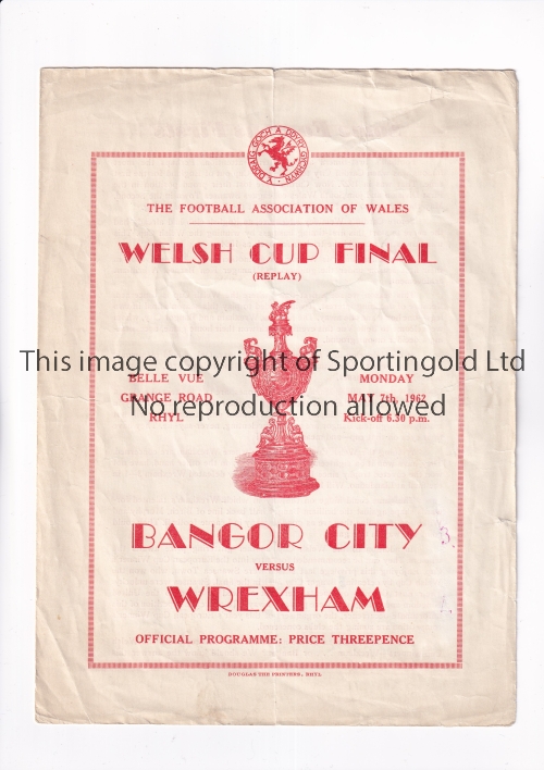 1962 WELSH CUP FINAL AT RHYL / BANGOR CITY V WREXHAM Programme for the match at Belle Vue 7/5/