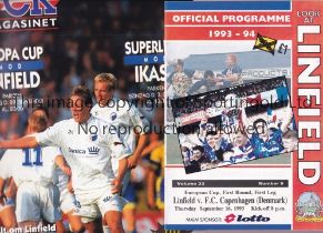 LINFIELD V F.C. COPENHAGEN 1993 Programmes for both Legs of the European Cup tie, 16/9/1993 at