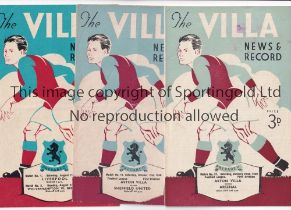 ASTON VILLA Three home programmes for the League matches v Liverpool 21/8/1948, tear to spine,