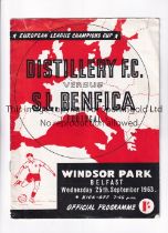 DISTILLERY V BENFICA 1963 Programme for the European Cup tie at Distillery 25/9/1963, very