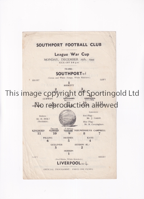 SOUTHPORT V LIVERPOOL 1944 Programme for the FL North War Cup tie at Southport 25/12/1944, very - Image 3 of 4