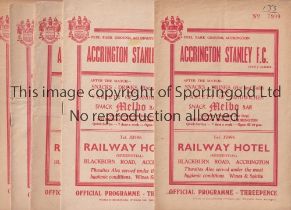 ACCRINGTON STANLEY Five home programmes for the League matches v Crewe Alexandra 14/1/1960, Barrow