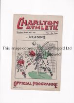 CHARLTON ATHLETIC V READING 1942 Single sheet programme for League match at Charlton 28/3/1942,