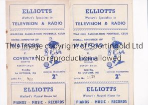 WATFORD V COVENTRY CITY Two programmes for Football Combination Cup ties at Watford 3/10/53,