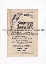 SWANSEA TOWN V LUTON TOWN 1949 Programme for the League match at Swansea 24/9/1949, horizontal