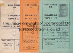 SWANSEA TOWN Three home programmes for the League matches v West Ham 10/9/1953, folded in four, tape
