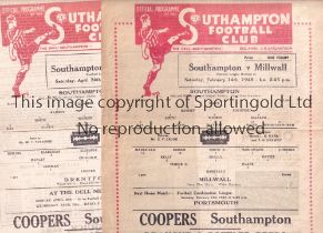 SOUTHAMPTON Two single sheet programmes for home League matches in season 1947/8 v Millwall 14/2/