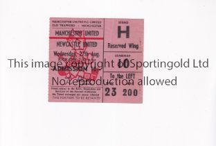 MANCHESTER UNITED Ticket for the home League match v Newcastle United 27/8/1969, vertical crease,