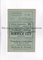 PLYMOUTH ARGYLE V NORWICH CITY 1938 Programme for the League match at Plymouth 5/2/1938,