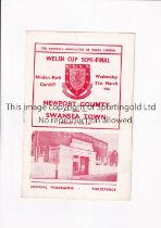 1956 WELSH CUP SEMI-FINAL AT CARDIFF CITY FC / NEWPORT COUNTY V SWANSEA TOWN 1956 Programme for