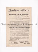 CHARLTON ATHLETIC V QUEEN'S PARK RANGERS 1943 Single sheet programme for the FL South match at