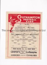 SOUTHAMPTON V MILLWALL 1943 Single sheet programme for the FL South match at Southampton 2/10/