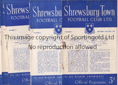 SHREWSBURY TOWN Ten home programmes for the League matches v Reading 28/8/1954, staple rusted